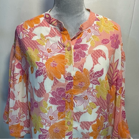 #0238 Fate-Pink & Orange Blouse Vibrant Top Front Buttons Puff Sleeves-S - Picture 3 of 7